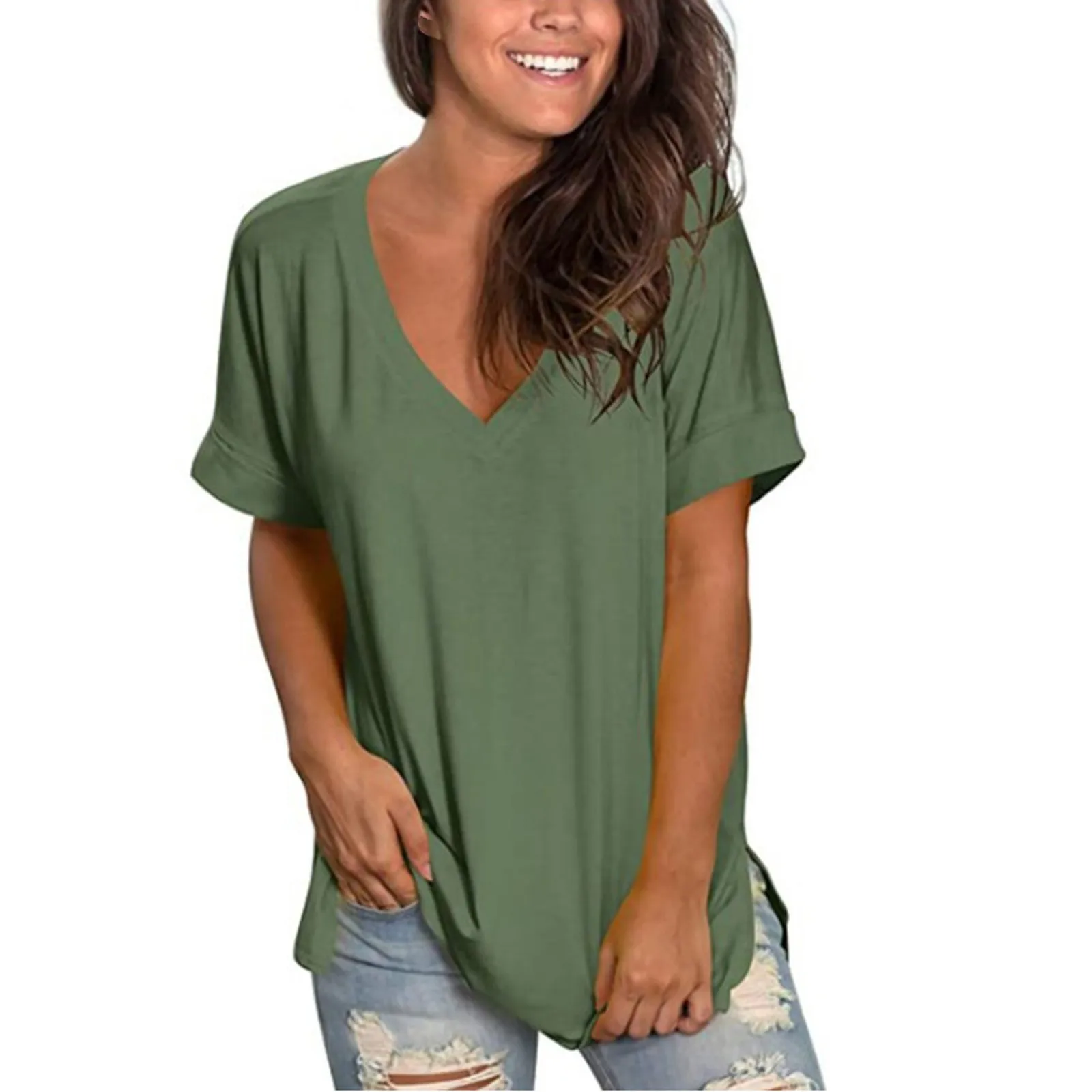 Fashion Women's Casual Comfortable V-Neck Solid Color Hundred Short Sleeve Tops Trendy Tops for Women 2024 Womens Summer Tops