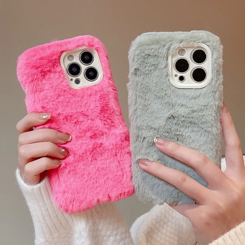 

Candy Color Warm Furry Phone Case For iPhone 11 12 13 Pro Max 14 Pro Max 14Plus Camera Lens Protection Soft TPU Back Cover