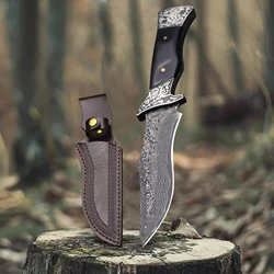 (U.S.A) Damascus Steel Pattern All Tang Hunting Knife, Jungle Survival Knife, EDC Outdoor Camping Knife, outdoor knife