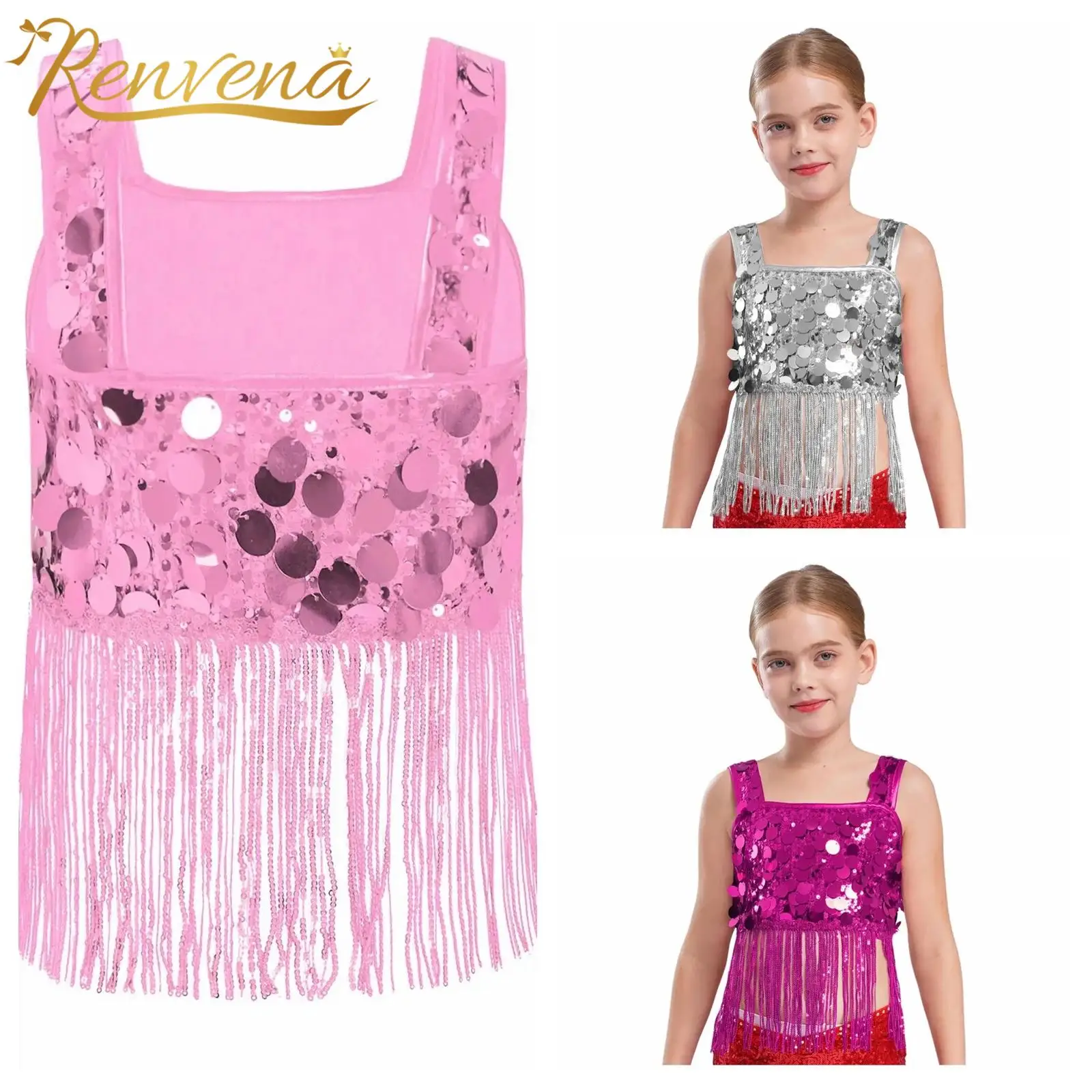 Kids Tassels Crop Top Children's Shiny Sequin Tops Jazz Dance Costume Girls Tank Performance Party Dancewear Wide Straps Vests