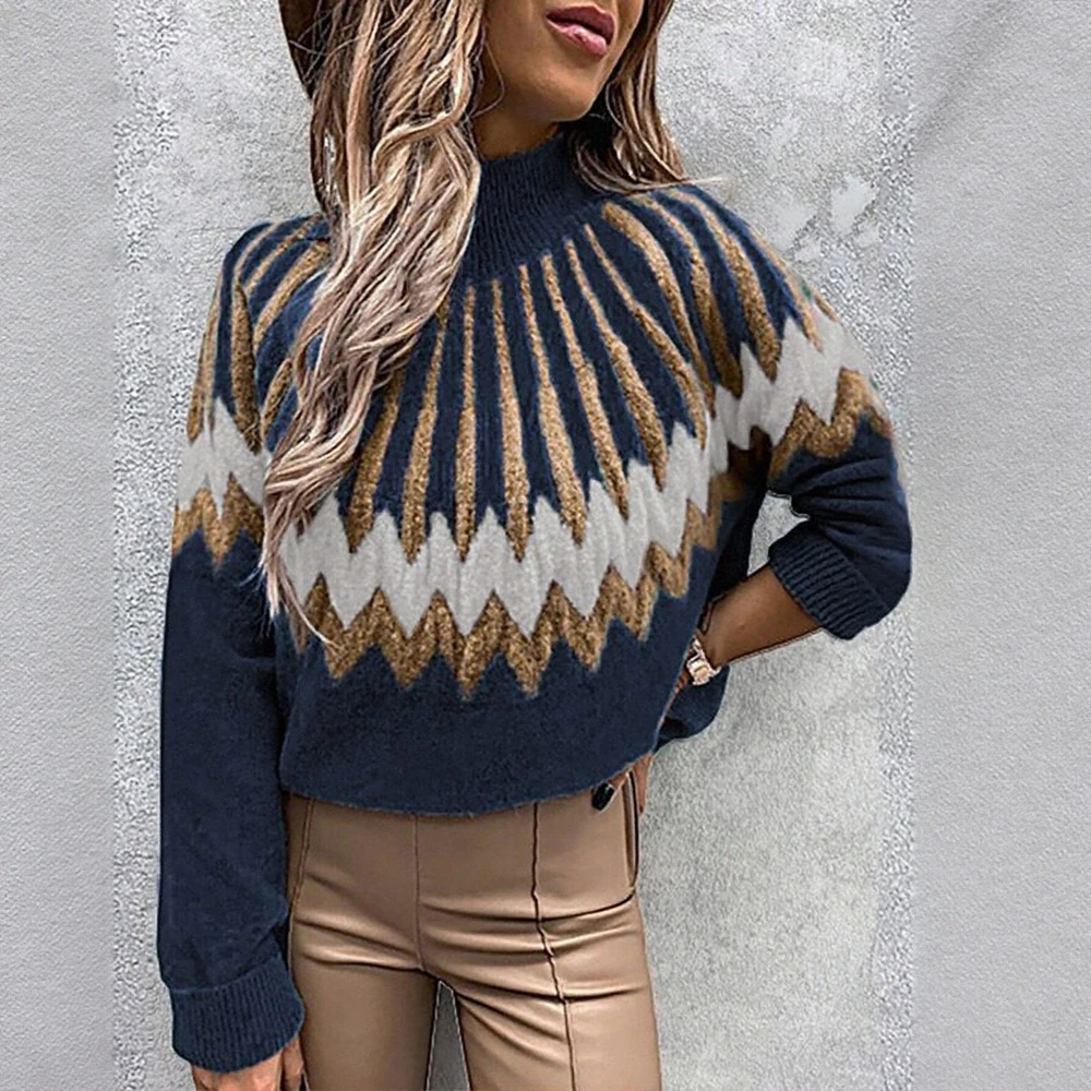 

Women's Autumn Sweater Contrast Color Graphic Print High Neck Long Sleeve Daily Basic Top for Casual Wear