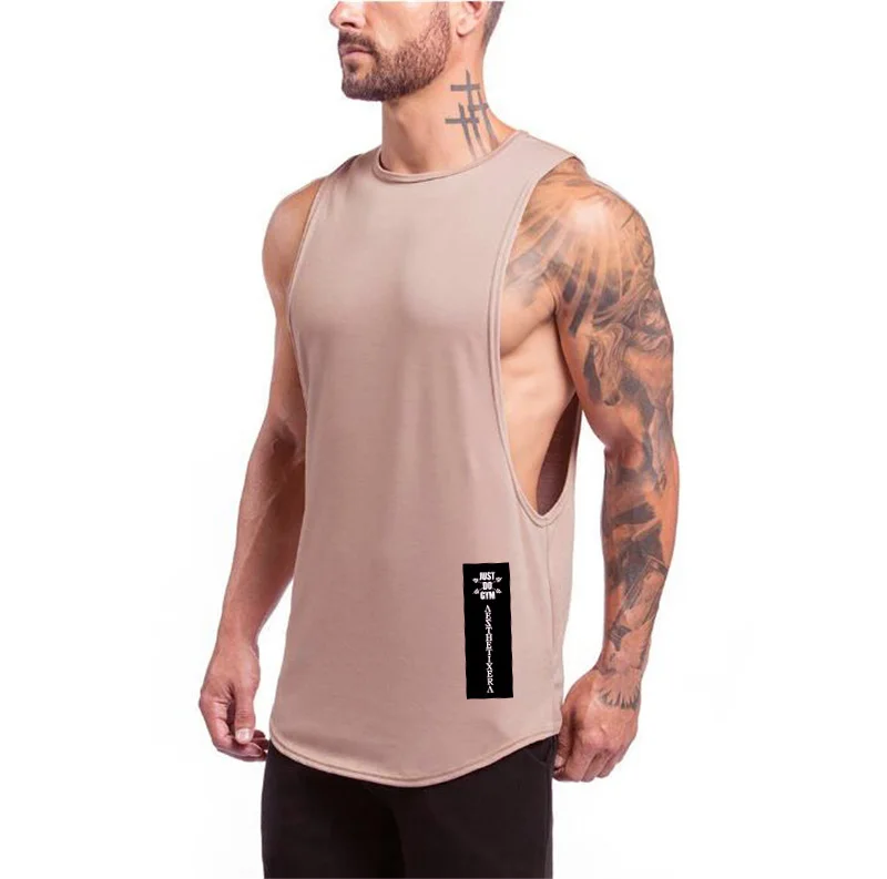 Mens Cotton Round Neck Sleeveless Tank Tops With Deep Drop Armhole Curved Hem Gym Workout Running Muscle Vest T Shirt Male