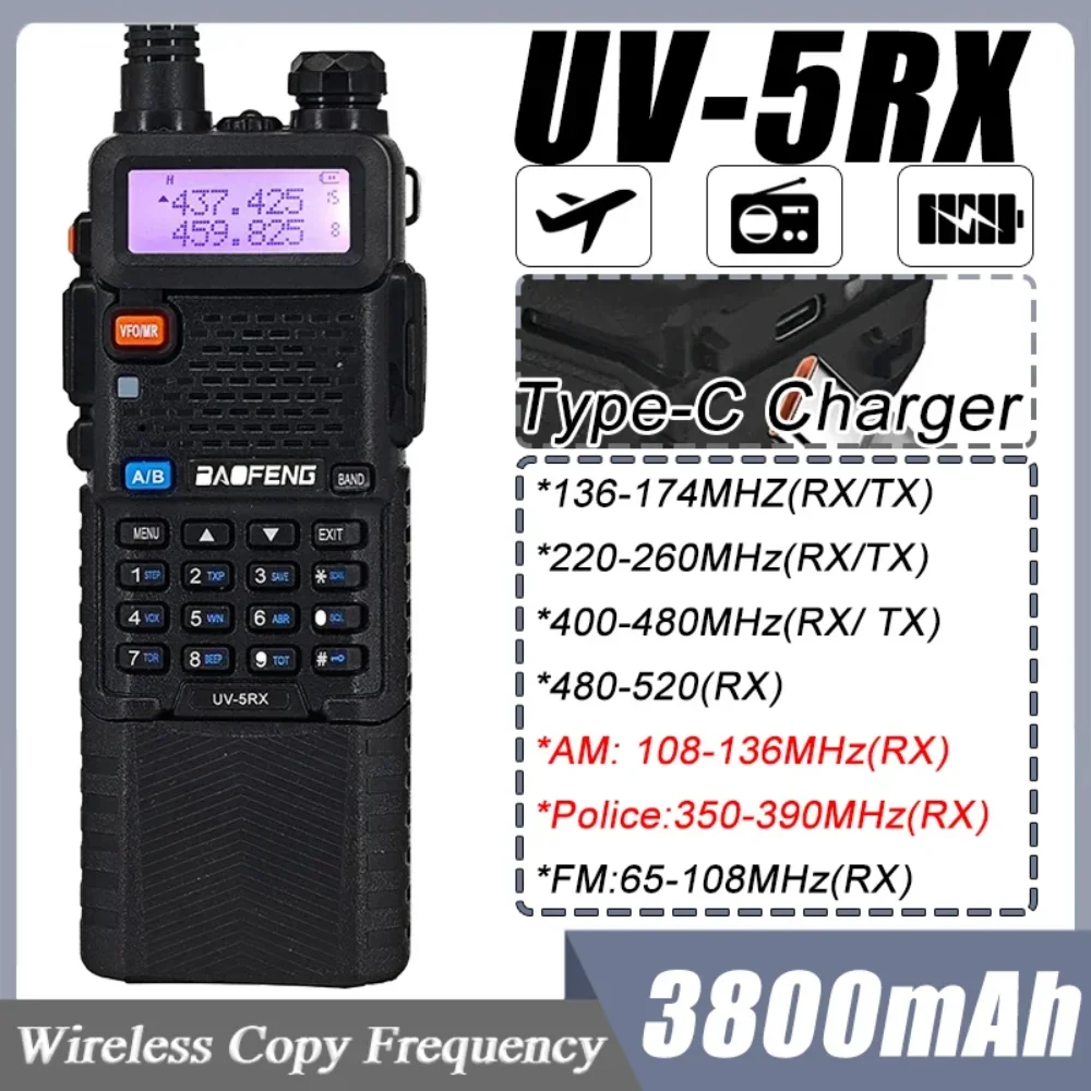 

Baofeng UV-5RX Walkie Talkie M-5R 5W Multi-Band 3800mah Type-C Charging Wireless Copy Frequency AM FM Radio UV5R Upgrade Version