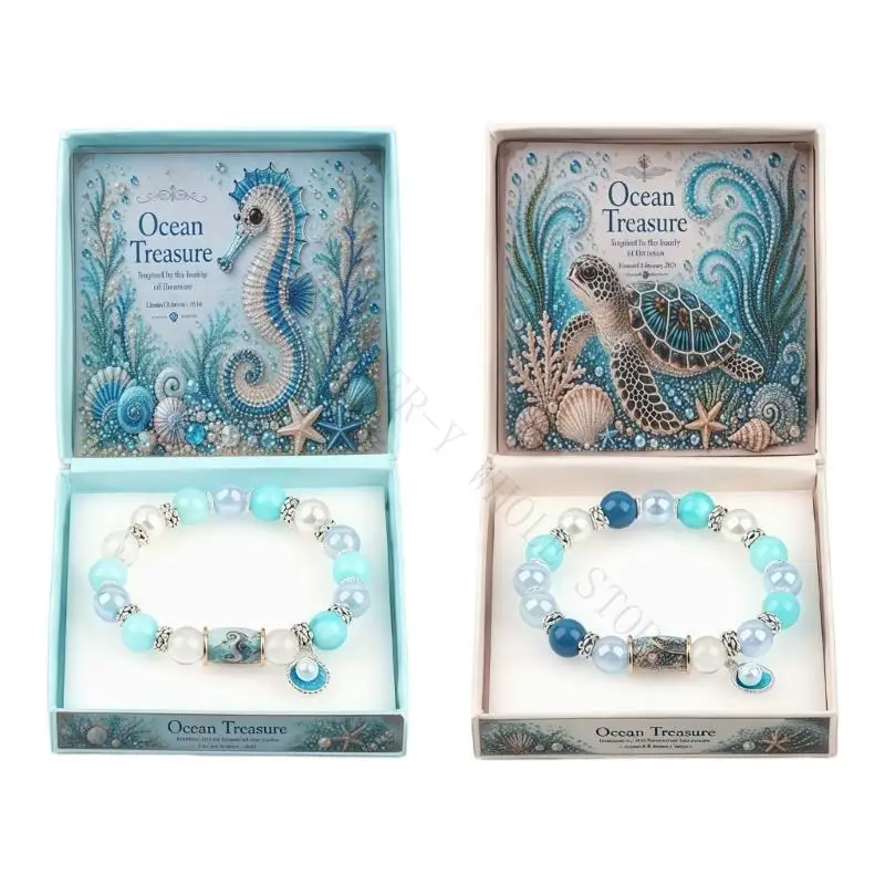 R7UF Stretch Bead Bracelet with Ocean-Inspired Charm Detail, Elastic Slip-On Cord and Alloy Components for Casual Outfit