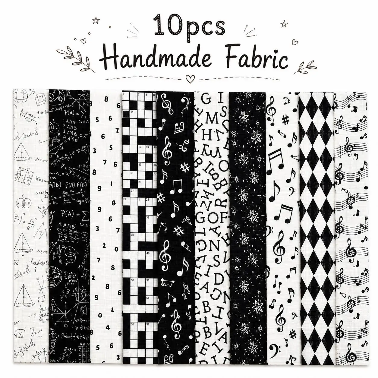 10pcs Black & White Jelly Roll Fabric Strips 2.5X19.7inch Pre-cut 100% Polyester for Patchwork Quilts, Table Runners, Placemats