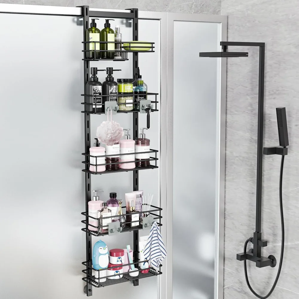

Adjustable 5-Tier Over Door Shower Caddy with Hooks, Soap Holder & Suction Cup - Rustproof Black Bathroom Organizer