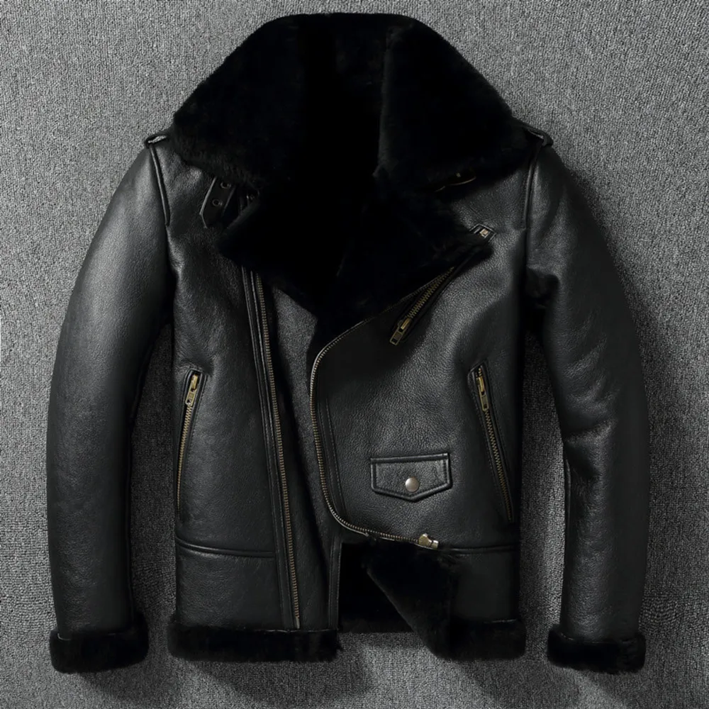 

shipping.Меха Free Super Men cool moto genuine leather jacket.winter warm 100% real fur coat.Rider Thick wool wear.shearling