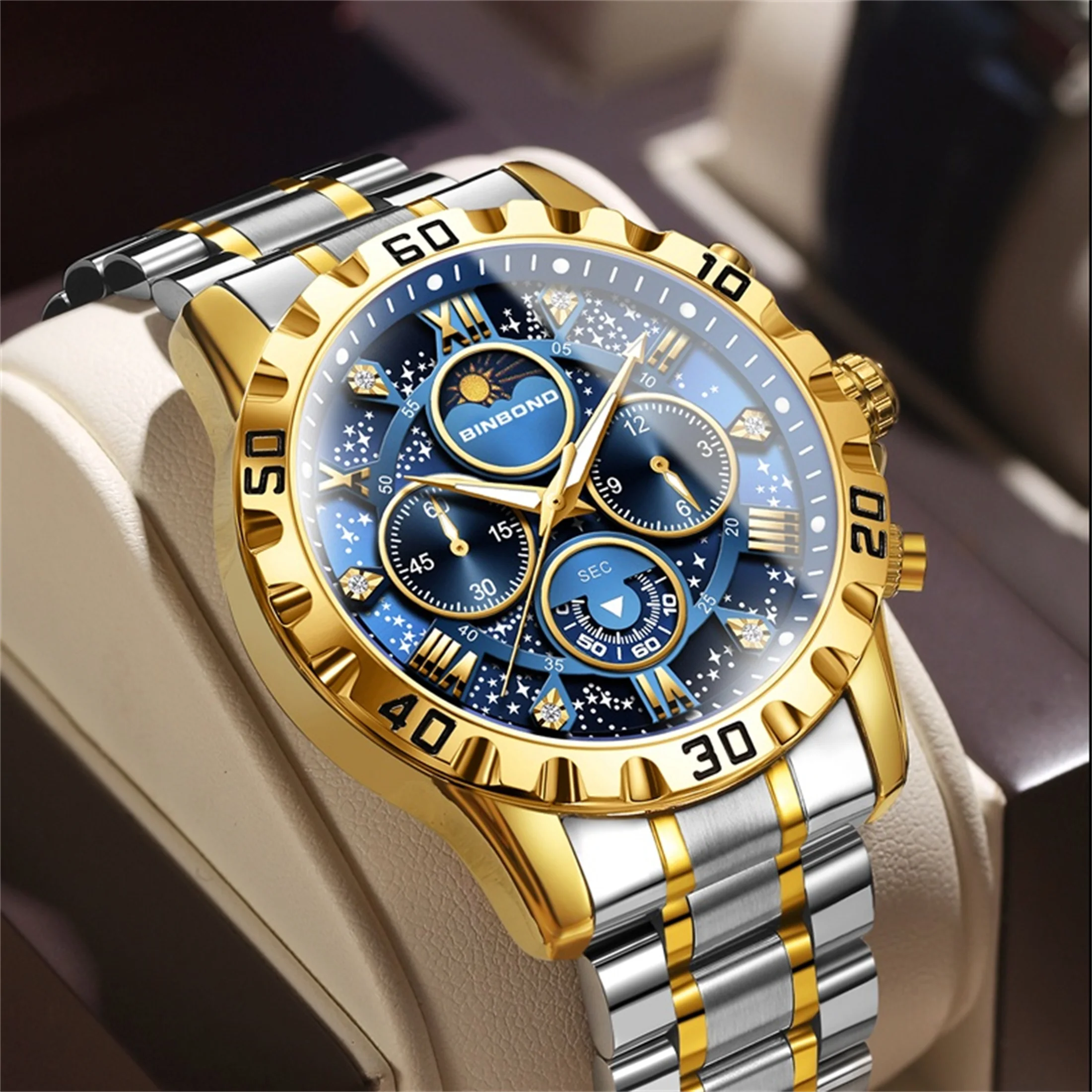 Chronograph Watch Fashion Men\'s Watch 30M Waterproof Calendar Date Function Rhinestone Dial Stainless Steel Quartz Watch Gift