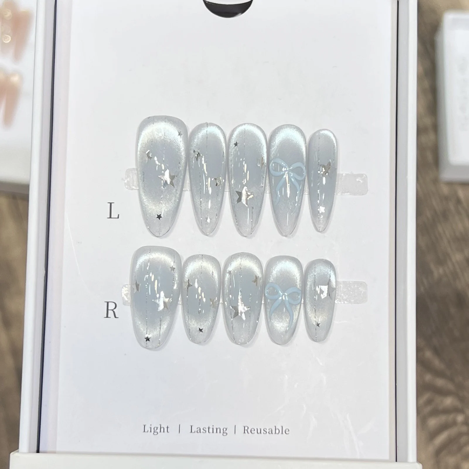 

10PCS Ice Blue Glass Pearl Cat Eye Starry Press On Nails Almond Fake Nails with Bowknot Design for Women Salon DIY Manicure