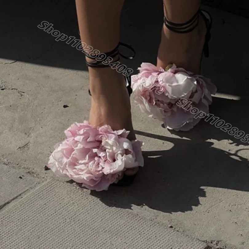 Pink Flower Decor Stiletto Sandals Open Toe Ankle Strap British Style Party Casual Women Wedding Shoes 2024 Zapatos Para Mujere