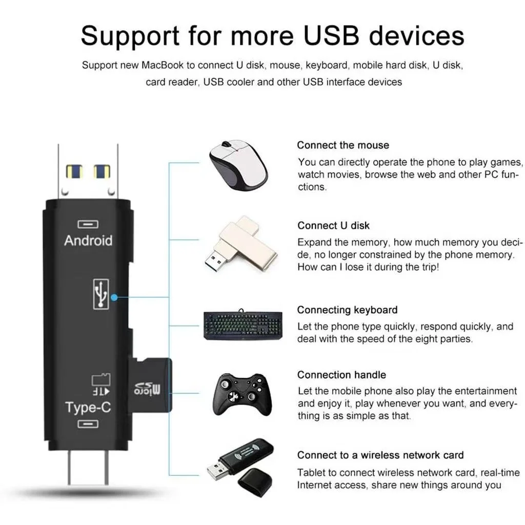 5 Trong 1 Đa Năng Usb 2.0 Loại C/Usb /Micro Usb/Đầu Đọc Thẻ Nhớ Tf/SD đầu Đọc Thẻ OTG Adapter Phụ Kiện Điện Thoại