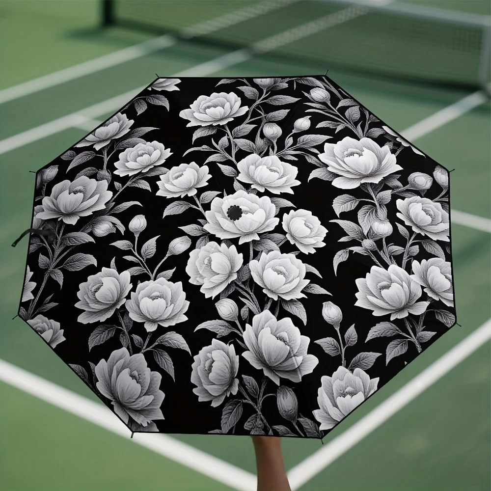 

1pc Elegant Automatic Open/Close Umbrella with 8-Rib Frame - Heavy-Duty 210T Impact-Resistant Black & White Floral Pattern, Co