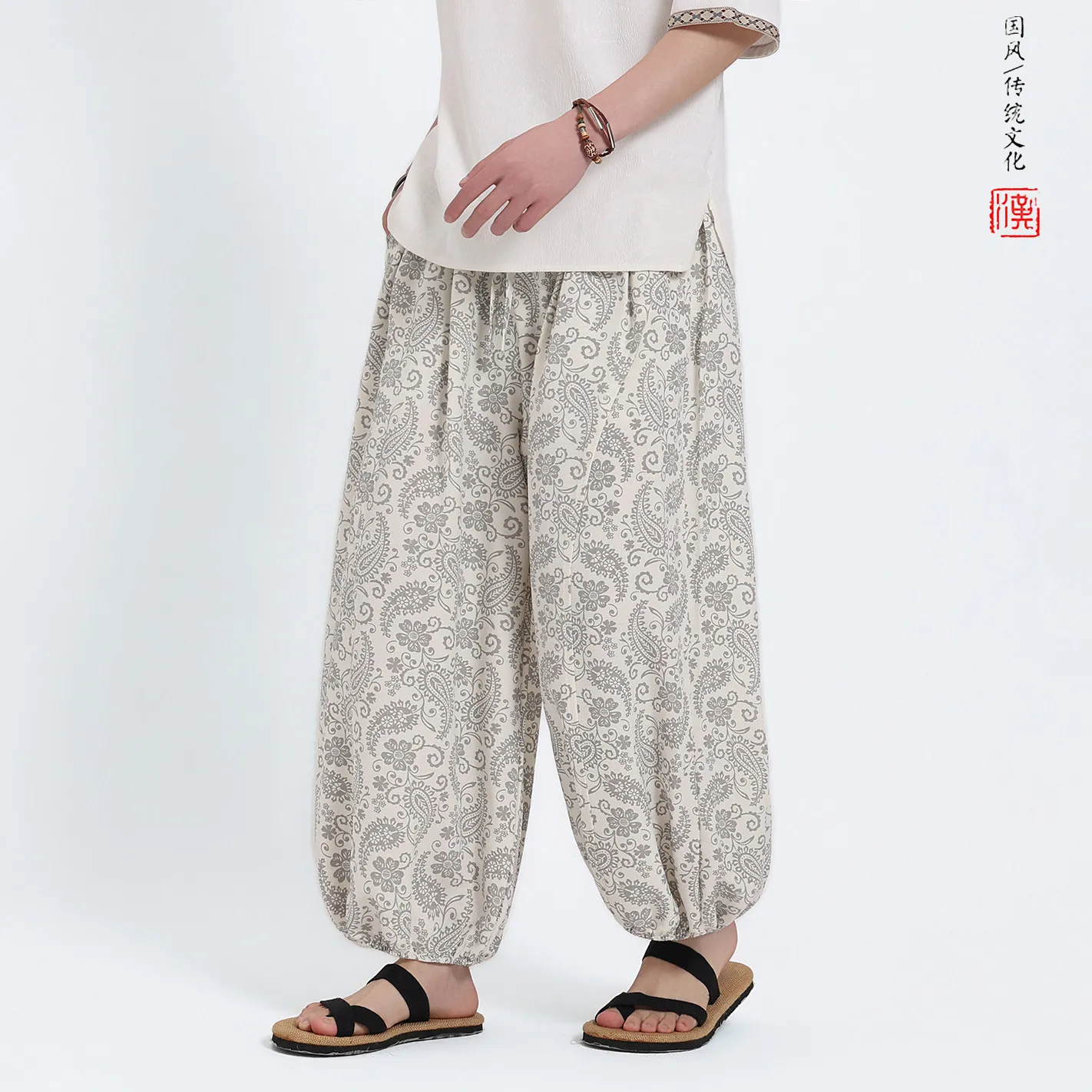 

Chinese Style Ice Silk Harem Pants Men Octagonal Flower Lantern Pants Man Casual Cropped Trousers Breathable Ankle-Length Pants