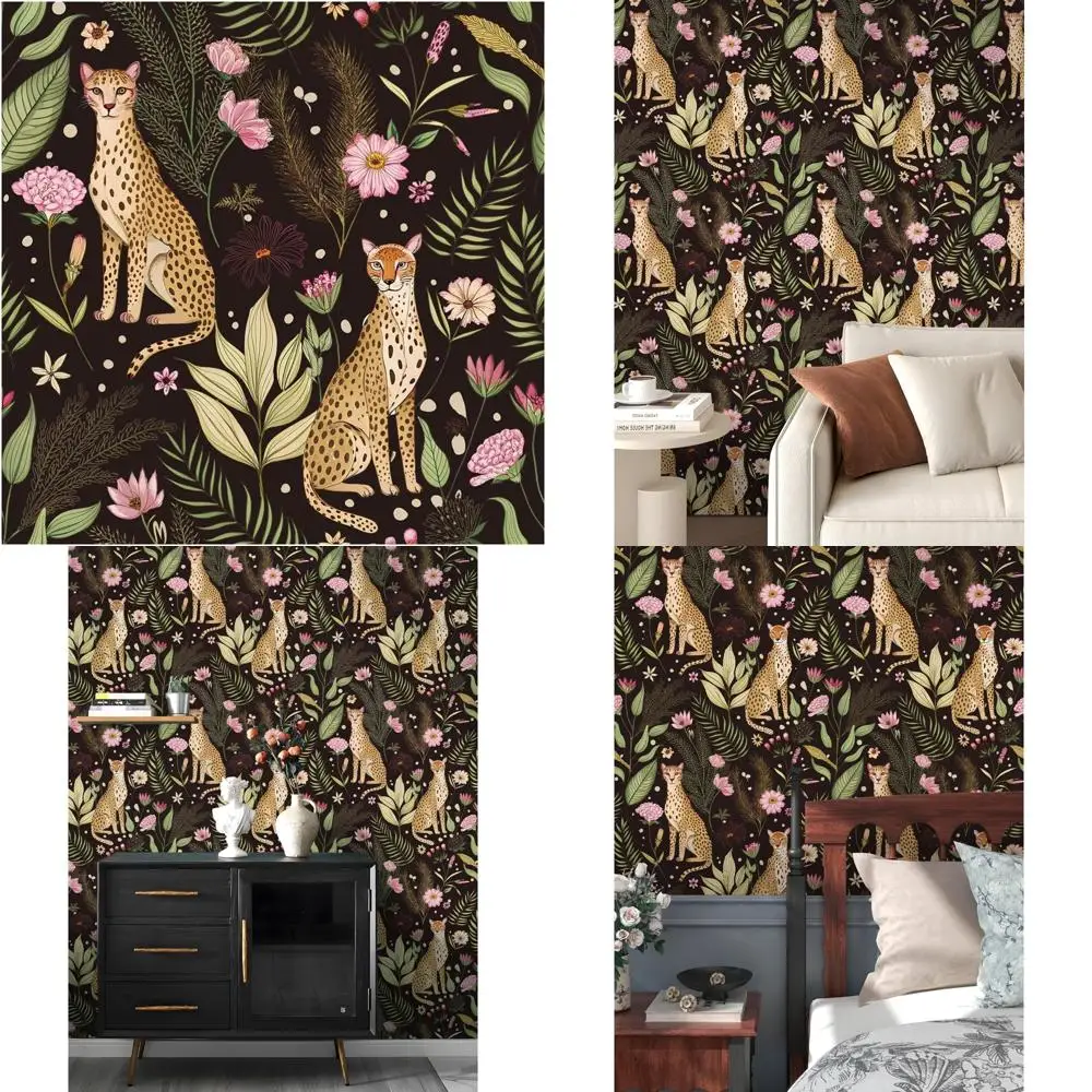 Vintage Cheetah and Floral Removable Wallpaper, Dark Jungle Style, Ideal for Renters and Easy to Apply
