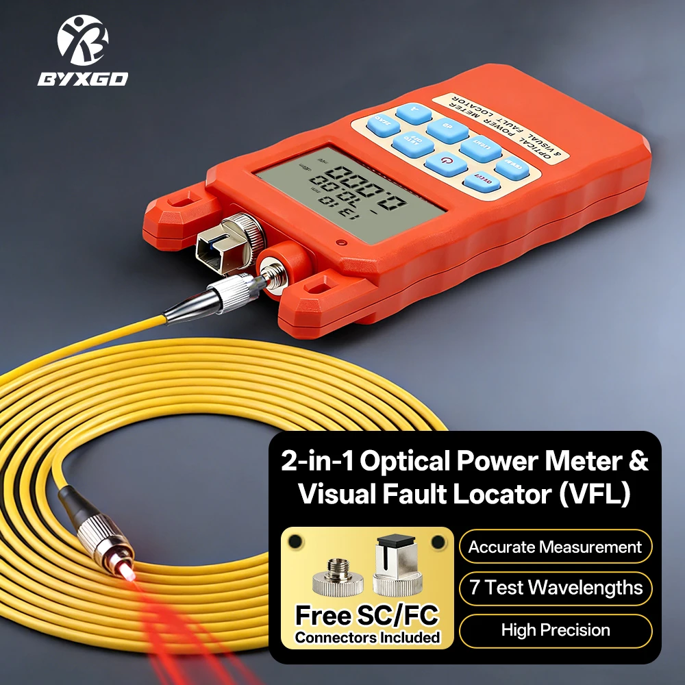 

Оптический измеритель мощности и визуальный локатор неисправностей BYXGD 2-в-1, -70~+10 дБм, 7 длин волн, интерфейсы SC/FC/ST, тестер оптоволокна для F