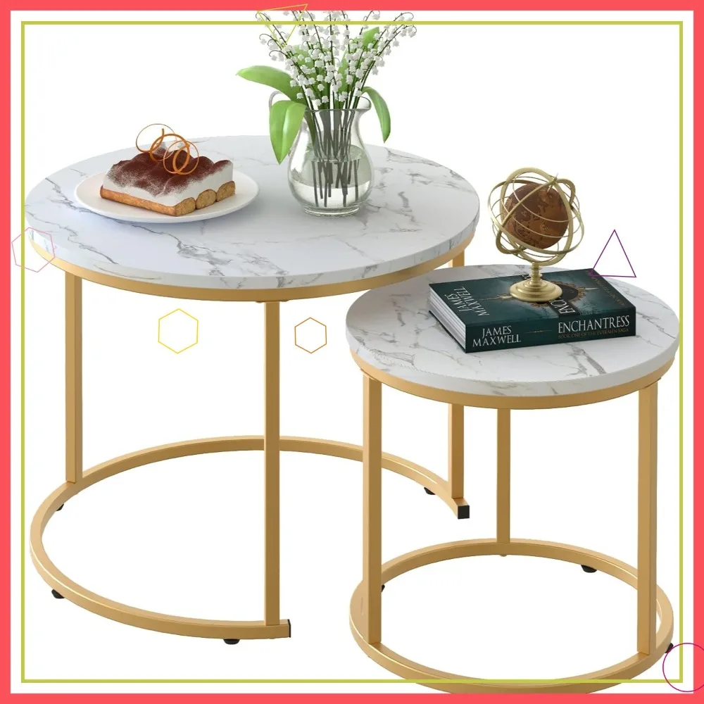 

Modern White Marble Nesting Coffee Table Set of 2 with Golden Frame, Round Design for Living Room Bedroom