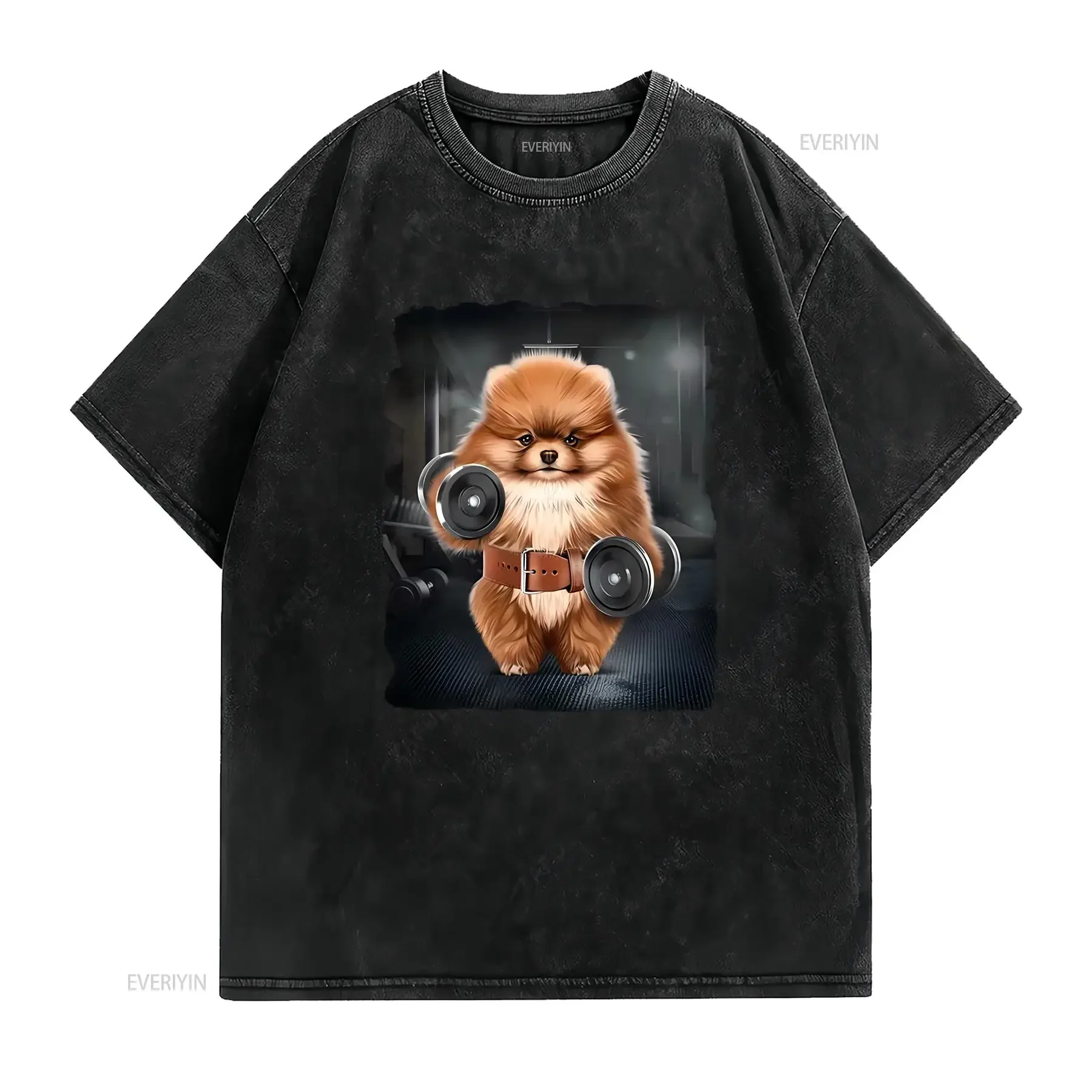 Pomeranian Dog Muscle Workout with Dumbbells at Gym  Youth T Shirt PrintStarT vintage Washed Soft Top For Everyday Wear