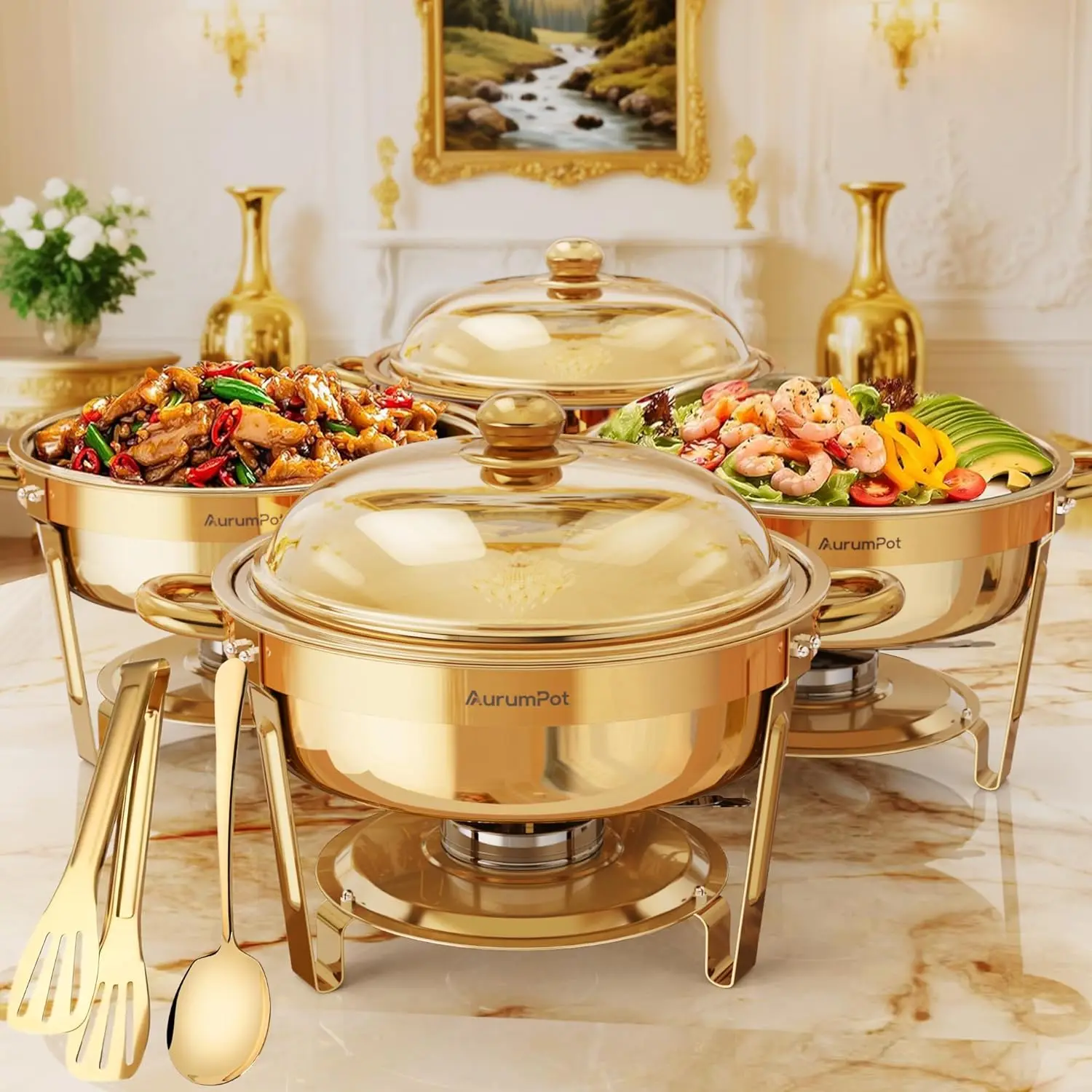 

4 Pack 6QT Chafing Dishes for Buffet, Stainless Steel Food Warmers for Parties, Elegant Gold