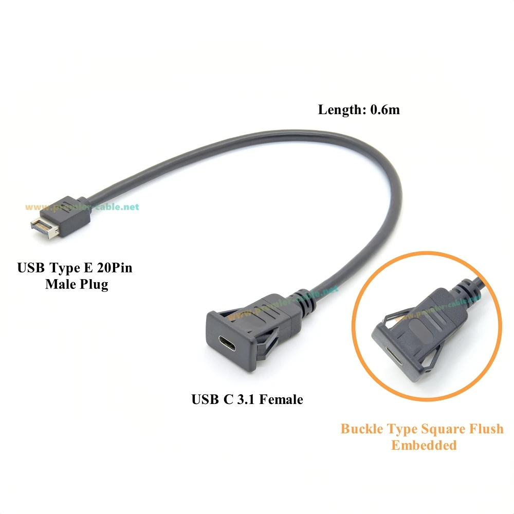 Snap-In Panel Mount USB C 3.1 Female to Type E Male Extension Cable 480Mbps Square Flush Mount Embedded Cord for Dashboard Boat