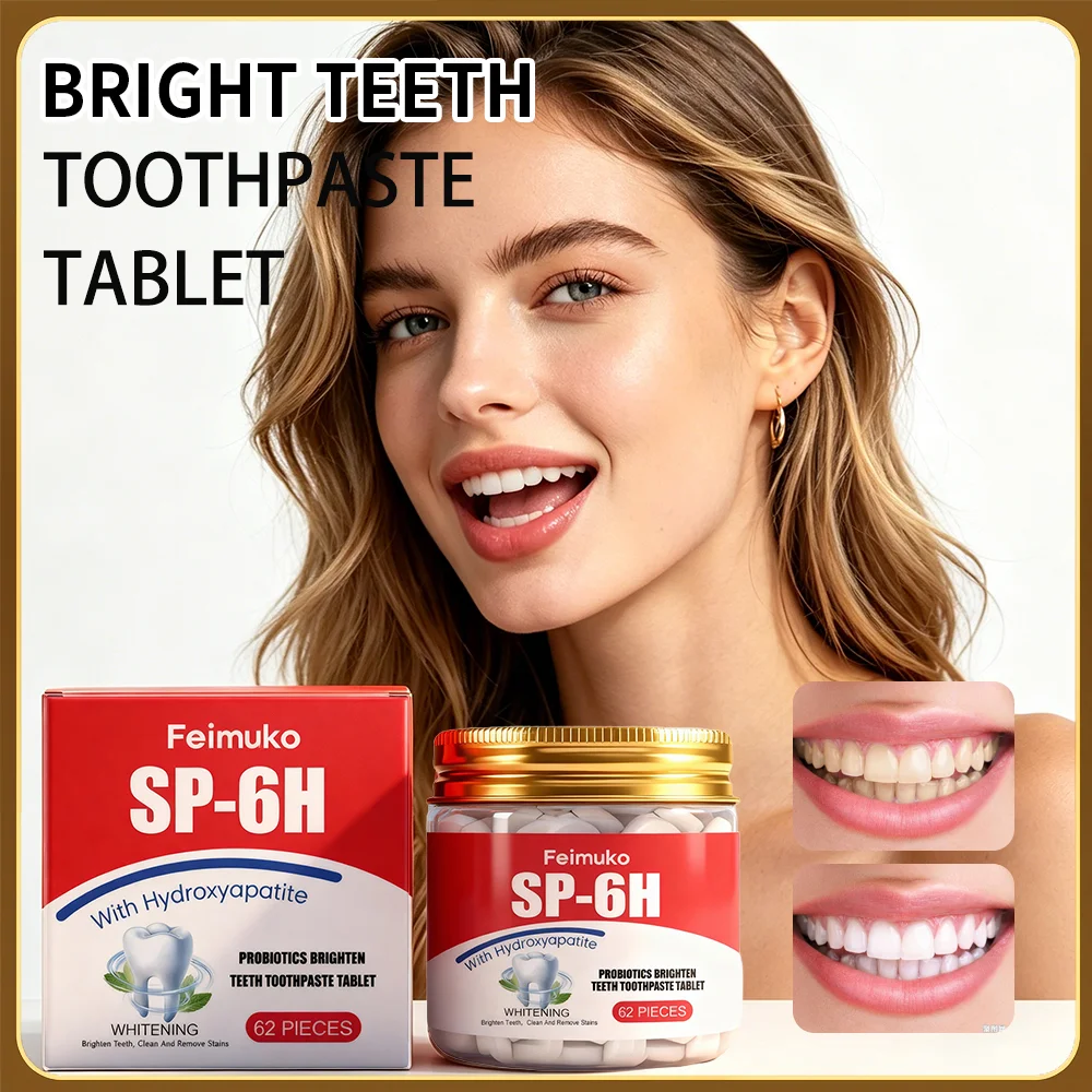 Feimuko 62PCS Probiotics Brighten Teeth Toothpaste Tablet Reduce Stains Gently Cleanses Portable Cleaning Fresh Breath Gum Care