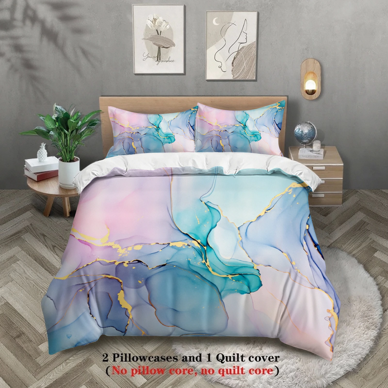 Abstract Art Bedding Set Blue Pink Purple Gold Marble Pattern Bedding With Duvet Cover & Pillowcases For Bedroom