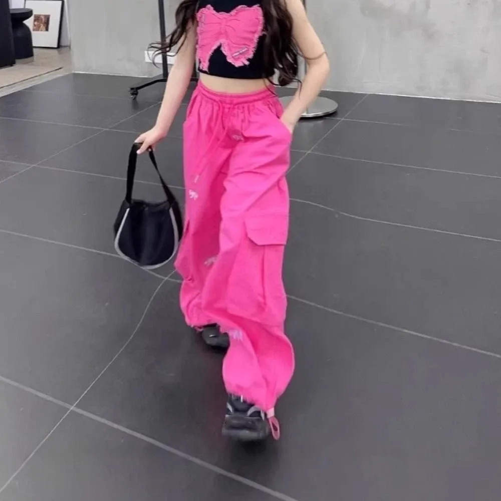 

Casual Embroidered Baggy Cargo Pants Multi Pockets Wide Leg Sweet Bow Pants Trousers Joggers Y2k Pants Girl Students