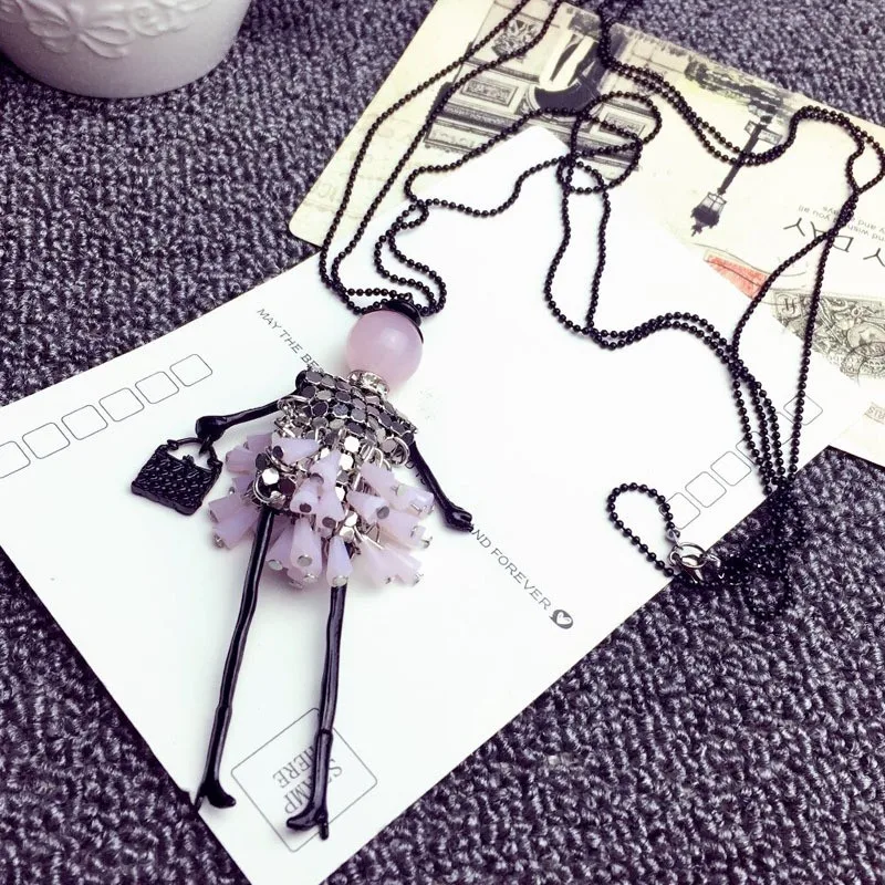 Fashion Delicate Dancing Girl Black&Pink Crystal Pendant Necklaces Women Jewelry Birthday Gift Street Trends Long Sweater Chain