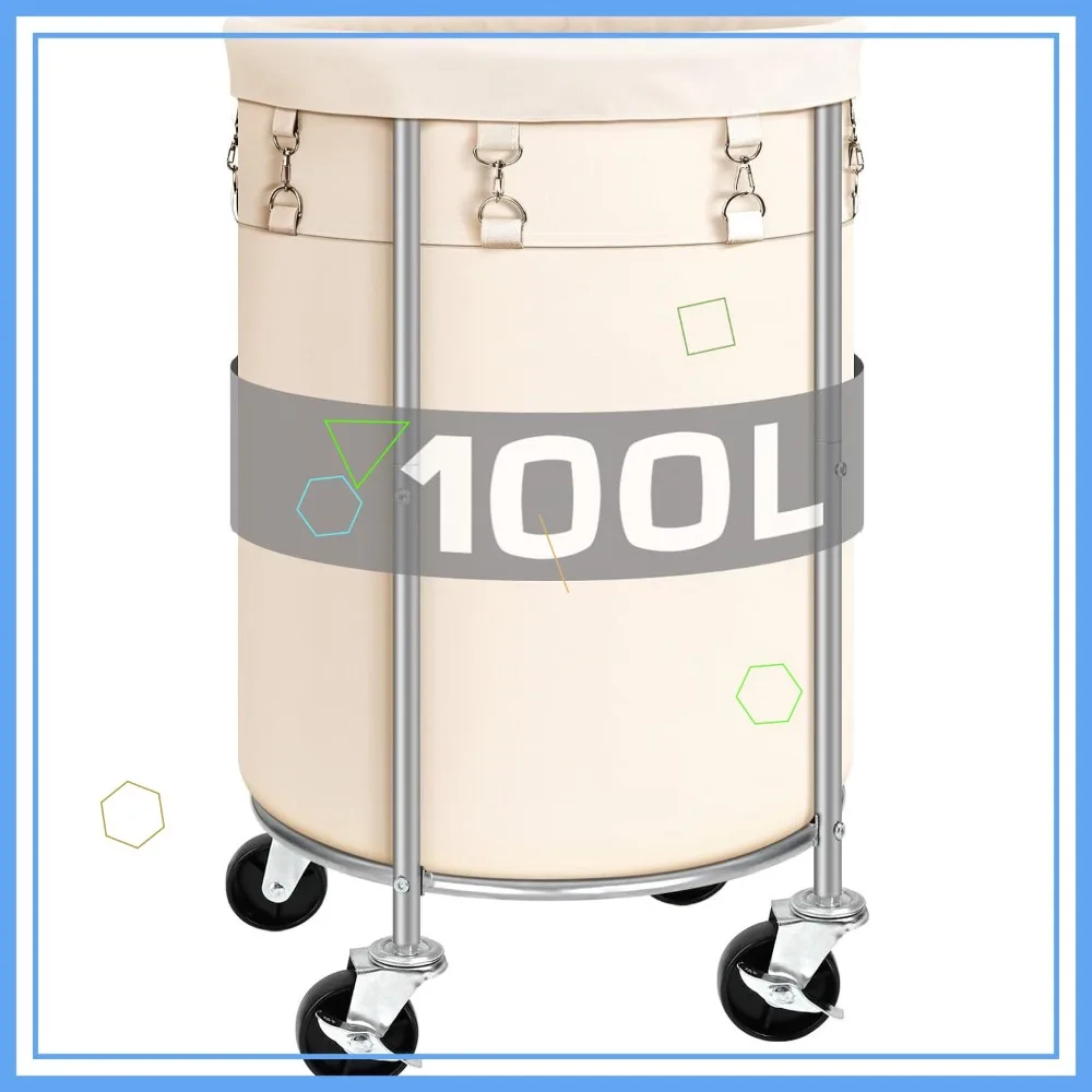 

100L Rolling Laundry Basket with Wheels, Removable Bag & Lockable Casters for Bedroom Bathroom