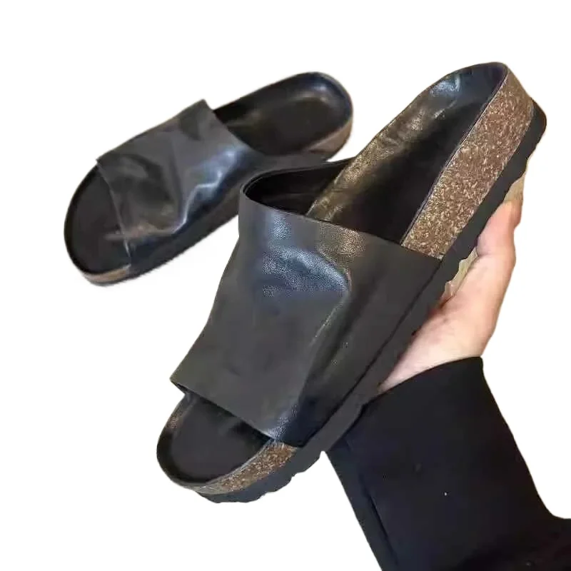 Women Vintage Cow Leather Slide Sandals Open Toe Slip On Flat Slippers Retro Soft Leather Casual Slides