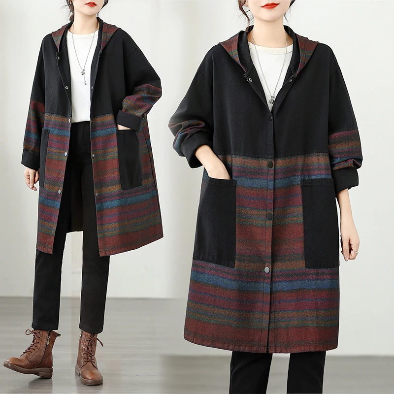 

Свободное повседневное джинсовое пальто средней длины с принтом цвета блузки, женское джинсовое пальто с капюшоном, большой размер, женское модное корейское пальто