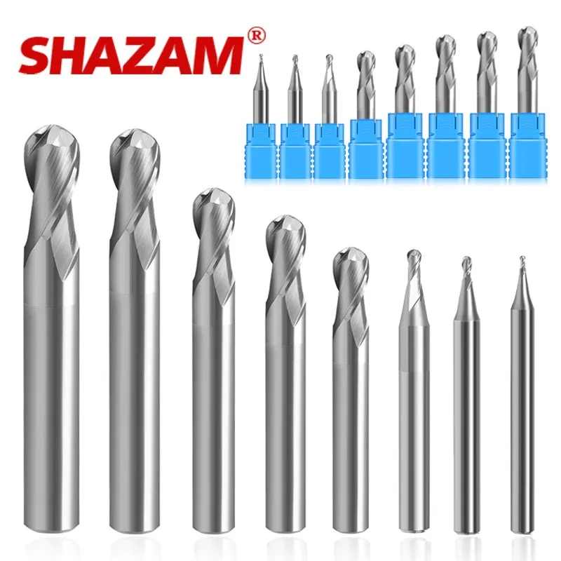 SHAZAM R0.5-R6.0mm11-Piece-Set Tungsten Steel Ball Nose Milling Cutter HRC50 2-Flute For Aluminum CNC Machining Endmills Tools