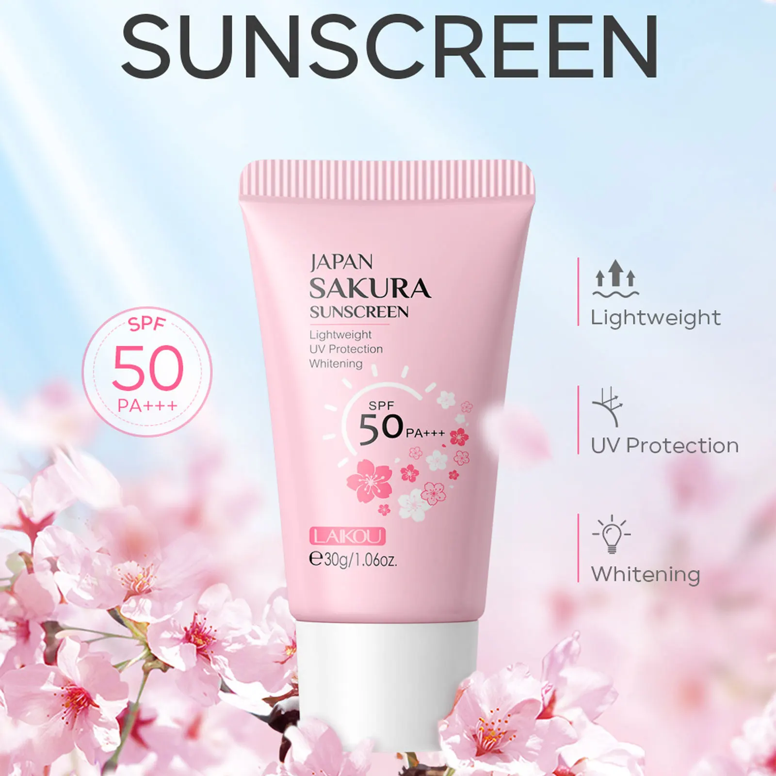 Sun Cream SPF50 Sakura Face & Body Sunscreen 1.06oz Natural Moisturizing Water Resistant Skin Sun Protection Protects Calms