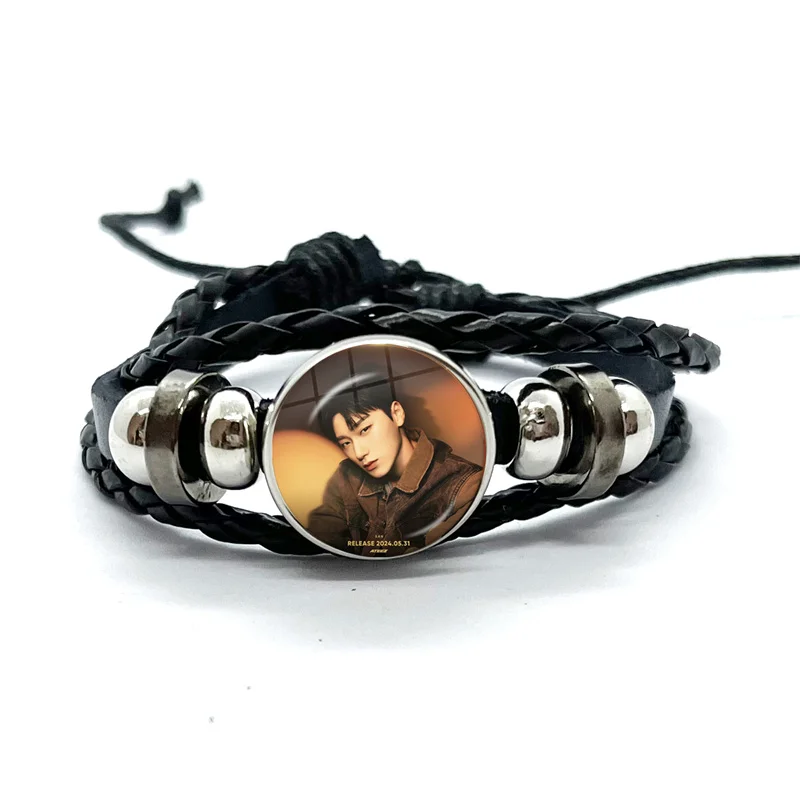 KPOP ATEEZ GOLDEN HOUR Black Leather Bracelets Glass Dome Multilayer Braided Bangles Jewelry Gifts