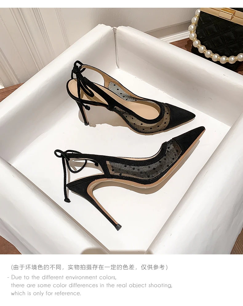 

Baotou sandals new women's summer mesh French pointed thin heel single shoe polka dot black high heels