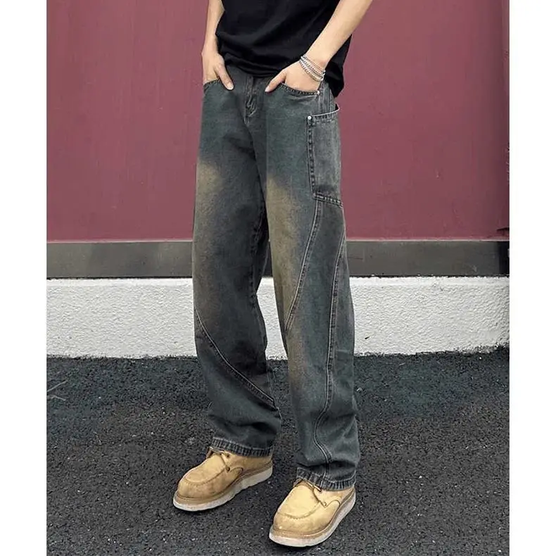 

High Street Scimitar Jeans Men's Spring Autumn Brand Ruffian Handsome Vintage Baggy Pants Cleanfit Straight Pants Cargo Pants