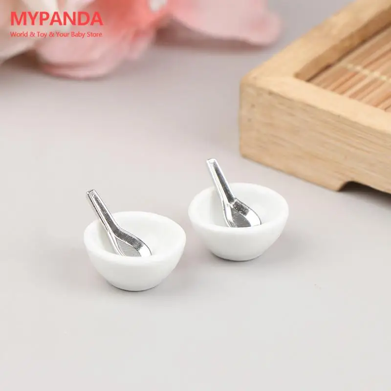 Mini tigela cerâmica modelo colher de sopa, simulação cozinha decoração, pratos, brinquedos, 1/12, 4 pcs/set