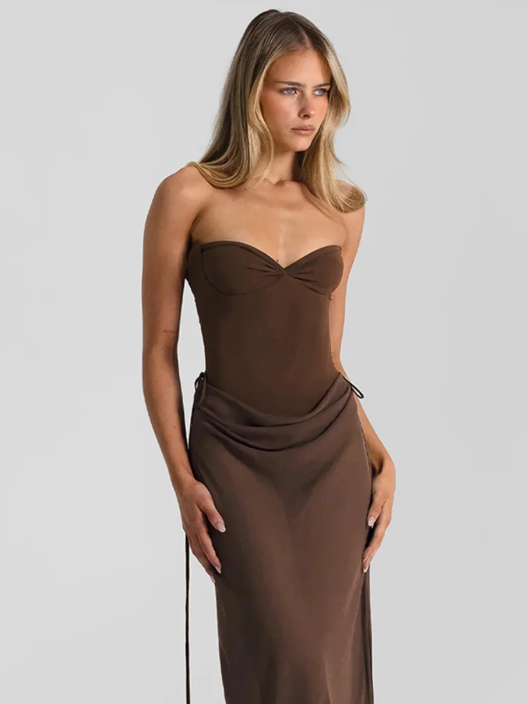 Solid Strapless Pleated Maxi Dress Women Sexy Satin Patchwork Off Shoulder Slim Long Robe Spring Lady Holiday Evening Party Gown