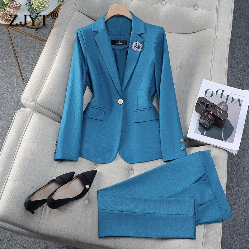 

ZJYT Spring New Women's Pants Suit Two Piece Outfit Blue Office Lady Work Wear Business Chic Formal Blazer and Trousers Sets