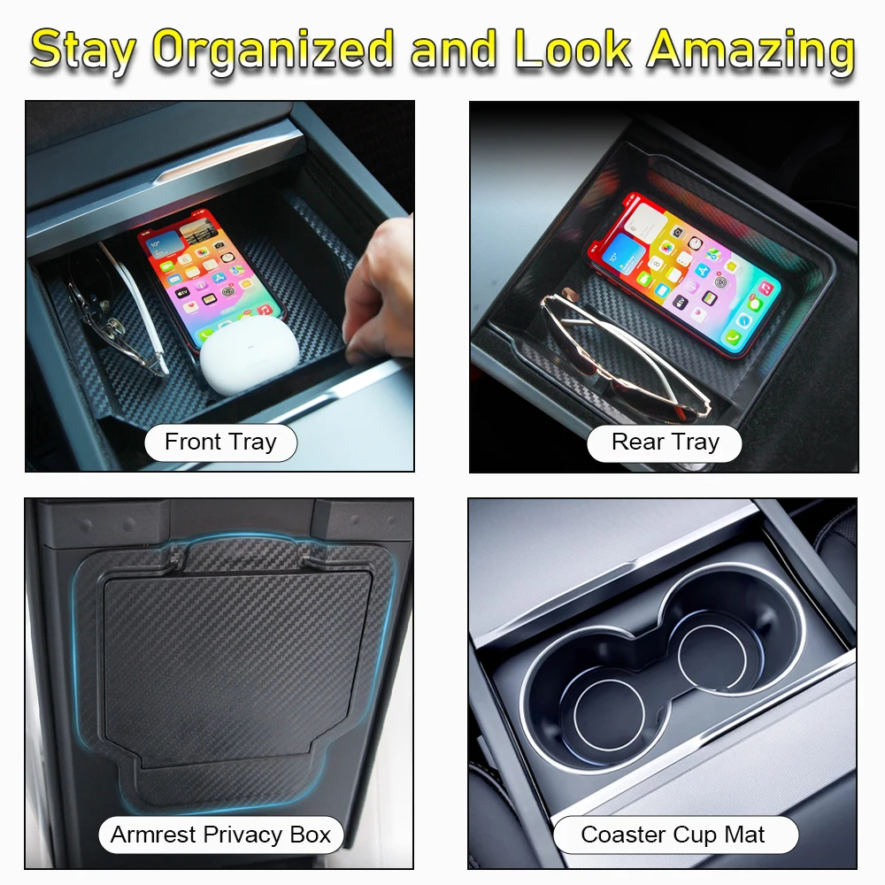 Center Console Trays for Tesla Model Y Juniper 2025 Launch Model 3 Highland Organizer Accessories Armrest Storage Box Cup Holder image 4