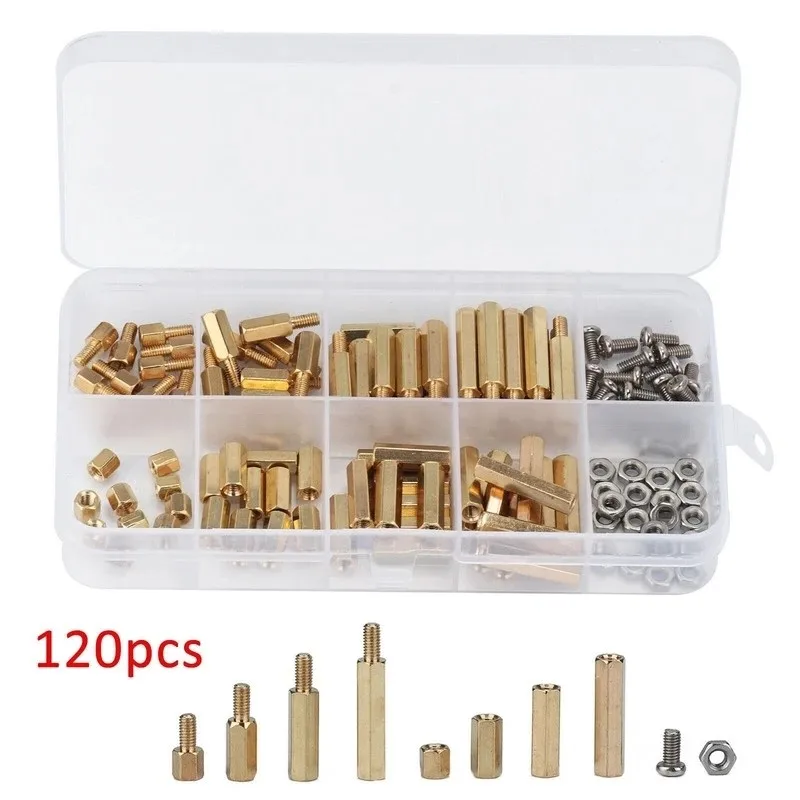 120pcs M3 stainless steel screws and nuts brass hexagonal copper columns isolation columns spacer columns box combination