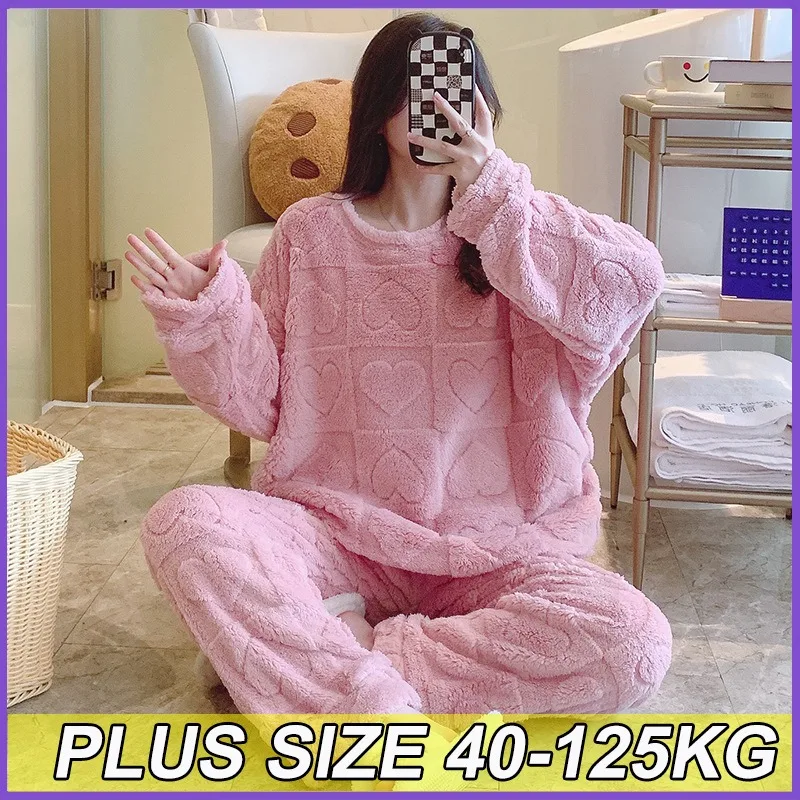 

5XL плюс размер, плюшевый пижамный комплект, женский коралловый флис, осенне-зимняя теплая домашняя одежда, милая свободная утолщенная верхняя одежда с длинными рукавами
