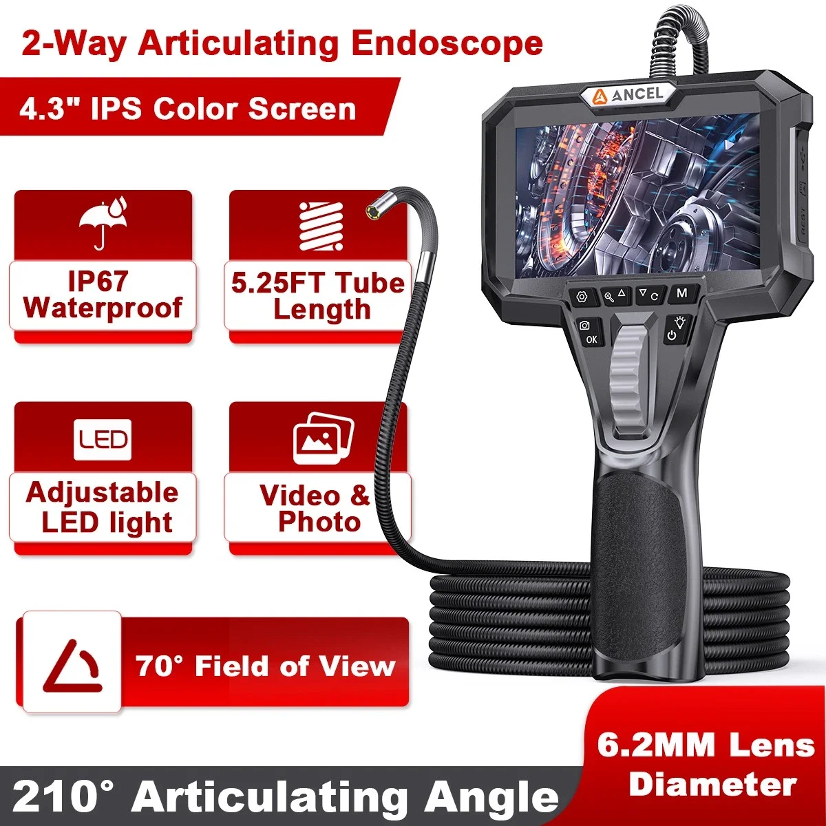 

ANCEL AN301 Industrial Endoscope Camera Articulated Endoscope 2-Way 220° Single LensInspection Camera 6.2mm 1080P 4.3" Screen