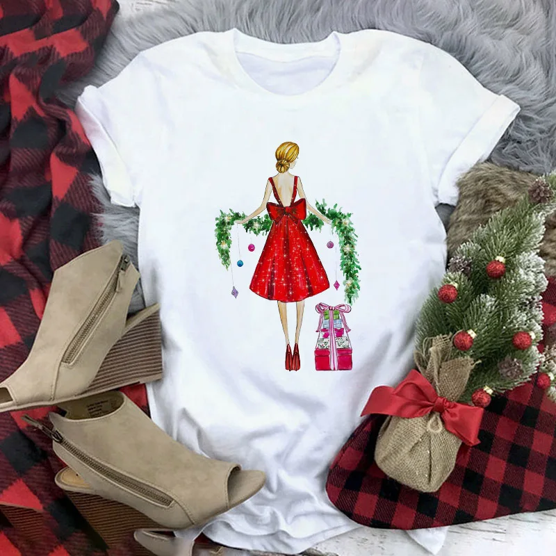 

Merry Christmas White Casual Woman T-shirt Short Sleeve Female Tee Top Cartoon Gothic Woman Graphic T Shirts