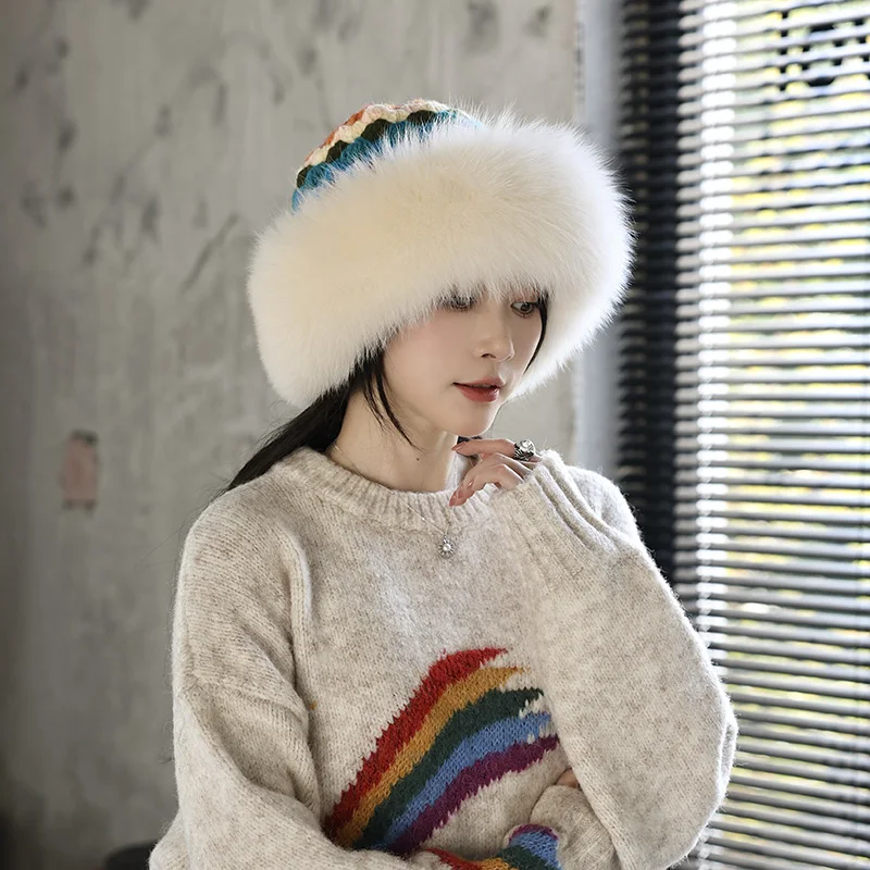 2024 Besfilin Knitted Hat with Fox Fur Brim for Women, Colorful Bucket Hats, Korean Version, Keep Warm, Autumn and Winter