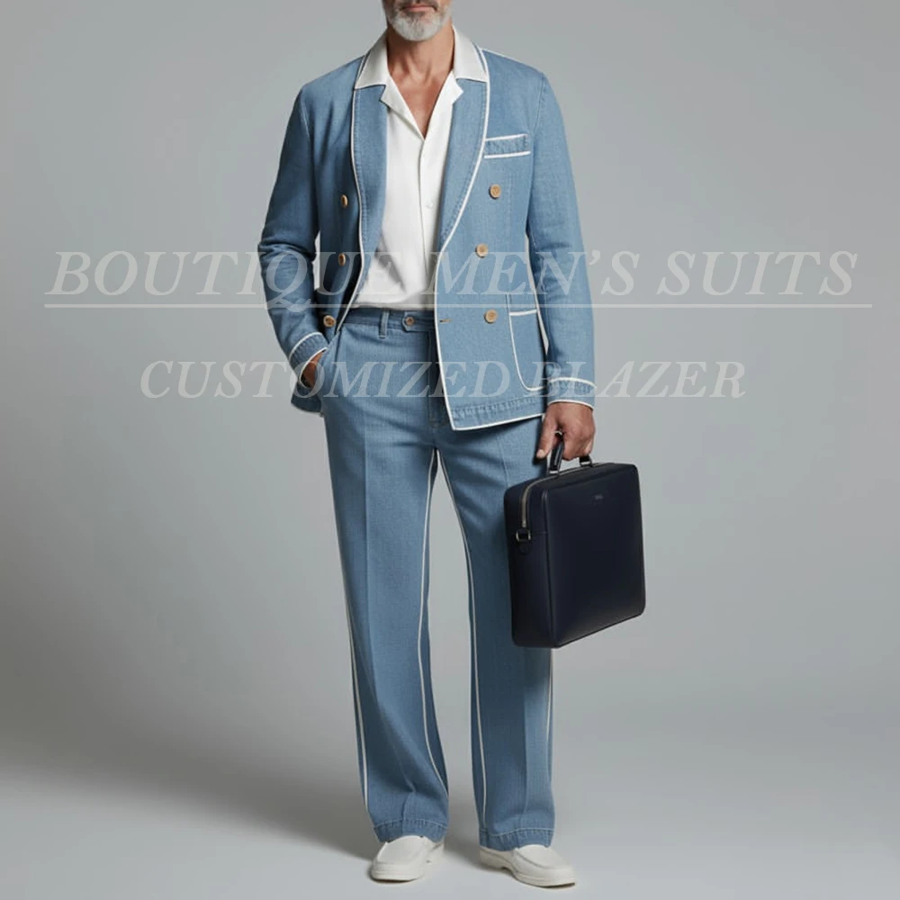 تخصيص الرجال الدعاوى الدنيم مزدوجة الصدر شال التلبيب سليم صالح 2 قطعة سترة السراويل مجموعات كاملة الملابس اليومية الذكور زي