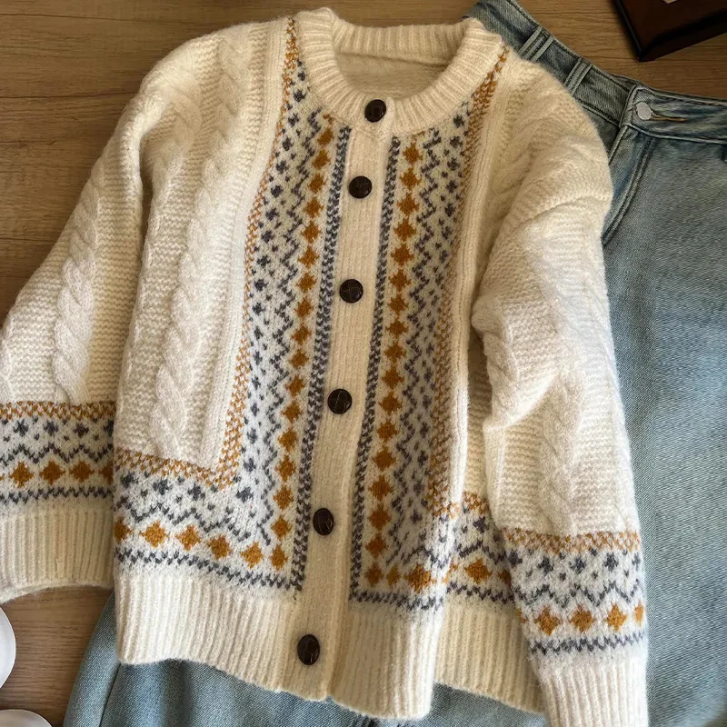 

Vintage Jacquard Knit Cardigan Women Loose Casual Lazy Wind Print Button Pullovers Korean Long Sleeve Baggy Aesthetic Outwear