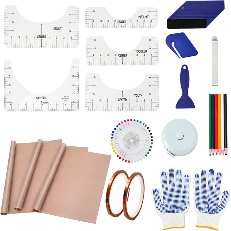 

A04G-Sublimation Shirts Tool Kits-2 Rolls Heat Resistant-Tape Sewing Mark Pencil Accessories 5 T-Shirt Ruler Guides 12 X 16In