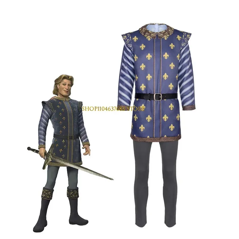 

Movie Monster Prince Charming Cosplay Shirt Pants Belt Uniform Outfits Halloween Party Suit for Adult Men costume