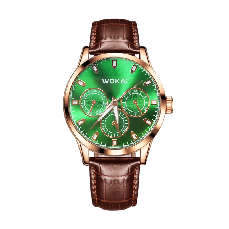 WOKAI high quality fashion waterproof quartz band waterproof Wrist watch Business Green Three Eyes Student Clock retro