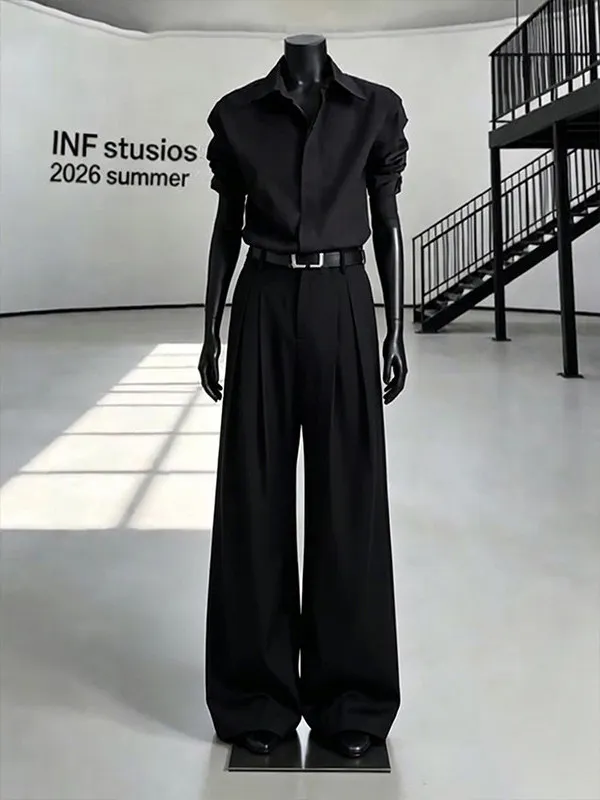 Black Elegant Knife  Straight Leg Men's Summer Pleated Drapey Wide Leg Pants High End Feel Soft Comfortable Casual Trousers